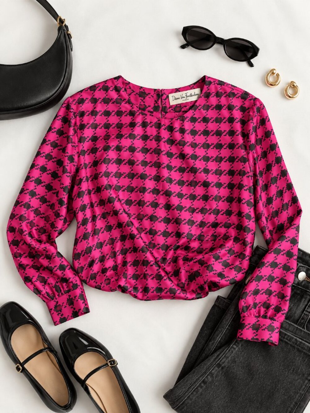 Vintage Diane von Furstenberg DVF 80s Pink Black Print Blouse Petite 8